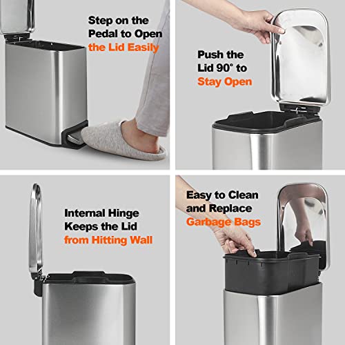 Hompus 6L/1.6Gal Stainless Steel Trash Can With Lid Soft Close, Removable Inner Waste Basket, Slim Small Garbage Can, Step Trash Bin For Bathroom Bedroom Office, Anti-Fingerprint Finish, Silver #TOP4