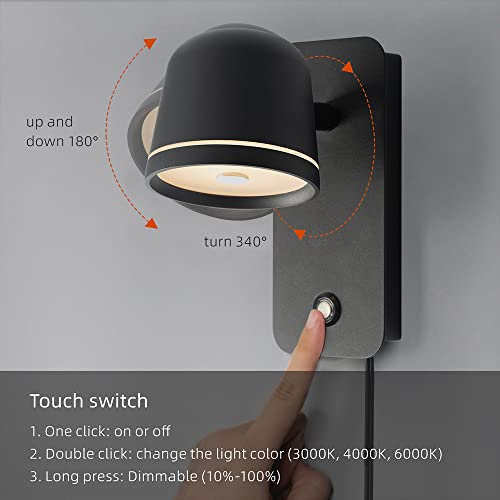 Image of Aisilan Black Wall Sconce, 5W Dimmable Wall Sconces, Adjustable Angle Indoor Wall Lights with Plug in Cord, LED Wall Mounted Bedside Lamps for Living Room Stairway Hallway