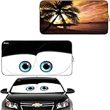 Gven Windshield Shade, Car Sun Shade for Front Windshield Funny Car（Eyes-Black+Sunset-Yellow）