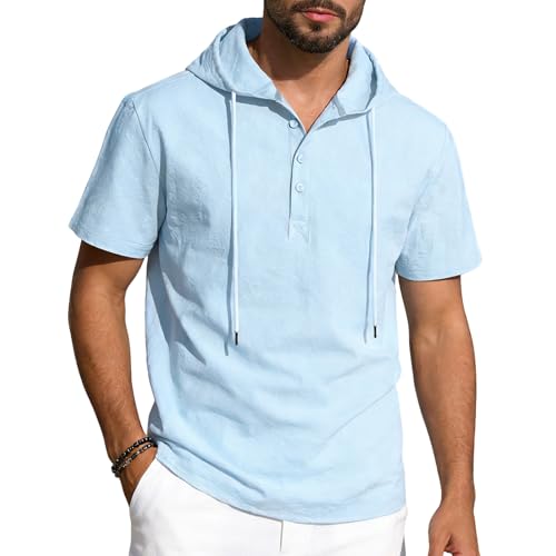 T-shirt à capuche homme manches courtes col Henley léger pour plage et vacances