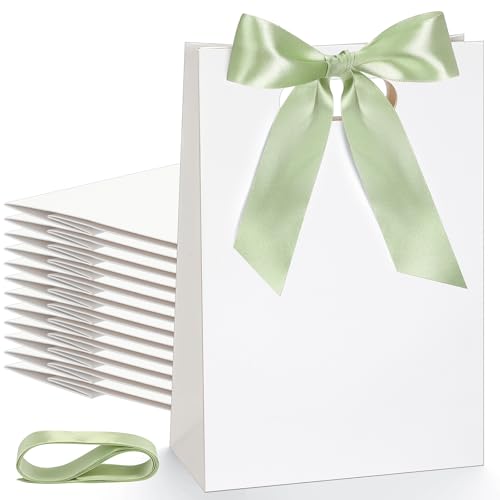 Aliceset 12 Pcs Paper Gift Bags 10 x 7 x 3.15'' Small Thank You Bridesmaid Gift Bags with Die Cut Handles for Wedding Bridal Baby Shower Graduation Birthday Party Favor(White,Sage Green)