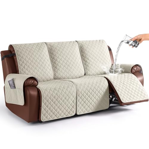 Image of KinCam Waterproof Recliner Sofa Cover, Non-Slip Reclining Couch Covers for 3 Seat, Recliner Couch Cover Furniture Protector with Elastic Straps for Pets, Kids, Ivory