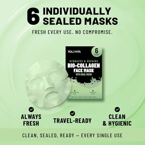 Image of TOLEVITA Snail Mucin Bio-Collagen Face Mask for Repair & Elasticity - 6 Pack, Overnight Hydrogel Mask for All Skin Types (Green)