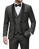 YND Men's 3 Piece Tuxedo Set with Bow Tie, Slim Fit One Button Shawl Lapel Suit Blazer Vest Pants, for Wedding Prom Dinners, Deep Grey