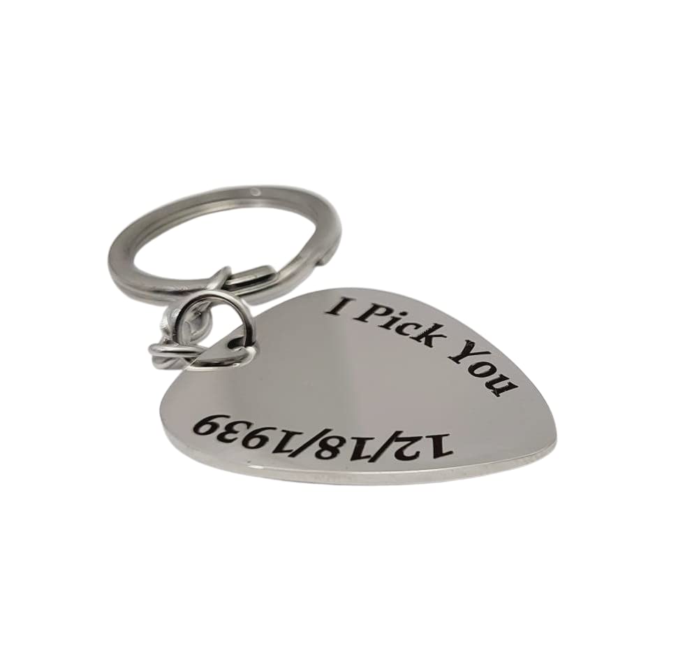 NationInFashion I Pick You Custom guitar Pick Stainless Steel keychain Stamped Engraved Personalized with Date Love Gift