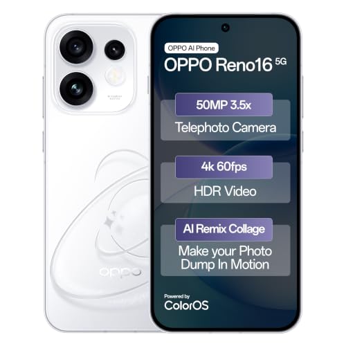 Image of Oppo Reno16 5G (Starry White, 8GB, 256GB) | 3D Design | 50MP 3.5X Telephoto Camera | 4K 60fps HDR Video | AI Remix Collage | Snapdragon 7 Gen 4 | 6700mAh 80W SUPERVOOC | ColorOS 16 | IP69K