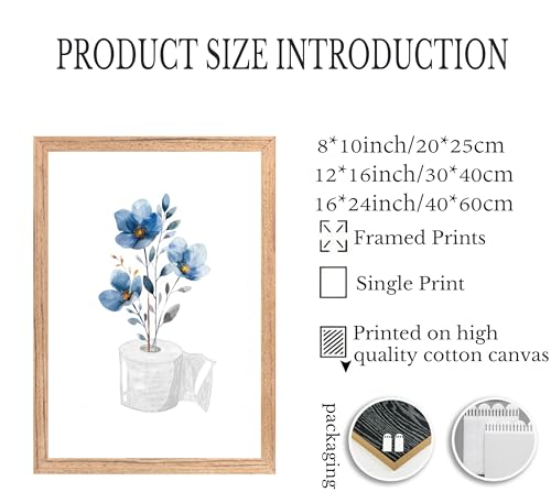 Framed bathroom Canvas Wall Art with blue flowers embellishing toilet paper Painting Picture Wall Decor elegant floral bathroom Poster Print Artwork forliving room bedroom restroom Home Decoration