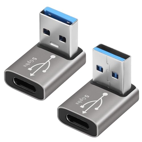 90 Degree USB to USB C Adapter 2 Pack, Up and Down Right Angle USB C Female to A Male Charger Connector Converter USB L Shape Extender, Support Charge & Data Sync for PC, Laptop, Mouse, Keyboard