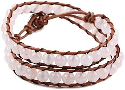 Blupear Real Stones Wrap Bracelet Handmade Woven Brown Leather Multilayer 6mm Beads Bangle Fashion Style (Rose Quartz)