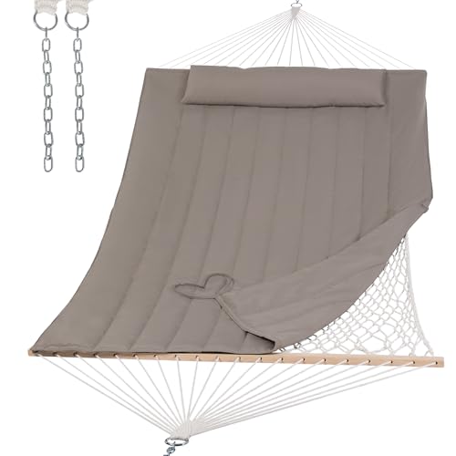 Image of SUNCREAT Hammocks 2 Person Hammock with Hardwood Spreader Bar, Double Rope Hammock with Polyester Pad, Brown