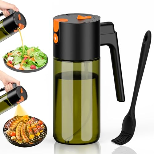 Spruzzino Olio 500 ml, 2-in-1 Spray & Versatore, Vetro Blocca Luce, Oliera Spray Ricaricabile per Cucina, Friggitrice ad Aria, Insalata e Grigliate, con Pennello (Nero)