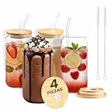 Vasos de Vidrio con Tapa Bambú y Popote de Vidrio, 500ml con 2 cepillos limpiadores perfectos para té, café, cerveza,...