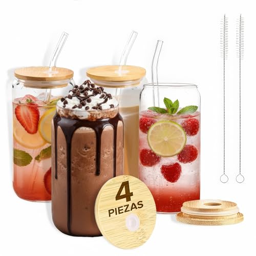 La mejor comparación de Vaso con tapa y popote para comprar hoy. 40 Vasos de Vidrio con Tapa Bambú y Popote de Vidrio, 500ml con 2 cepillos limpiadores perfectos para té, café, cerveza, whisky y más reutilizables elegantes accesorios para...