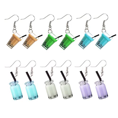 Borsgye 6 Pairs Pearl Milk Drink Cup Dangle Earrings Cute Weird Cartoon Resin Drop Earrings Punk 3D Bubble Boba Tea Earrings Eye-Catching Hook Earring for Women Funny Jewelry Creative Gift -New