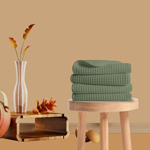 Image of Pure Cotton Waffle Towel | Lightweight | Anti Microbial and Water Absorbent | Soft Touch Quick Drying Hand Towels (Sage Green, Pack of 4)