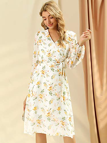 Allegra K Women's Chiffon Floral V Neck Tie Waist Bishop Sleeve Casual Wrap Midi Dress Small White #TOP3