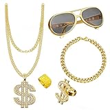 GWAWG 5 accesorios de disfraces de hip hop de los años 90, decoraciones de fiesta de hip hop, disfraz de hip hop, anillo de hip hop, gafas hippie, pulsera de cadena de oro falsa para traje de