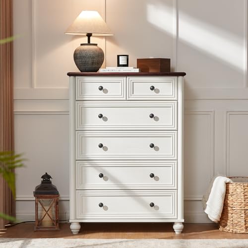Farmhouse 6 Drawer Dresser, Chest of Drawers for Bedroom, 43.5" Tall Wood White Kids Dresser with Roman Column and Metal Handles, Storage Dressers Organizer for Living Room, Hallway, Closet
