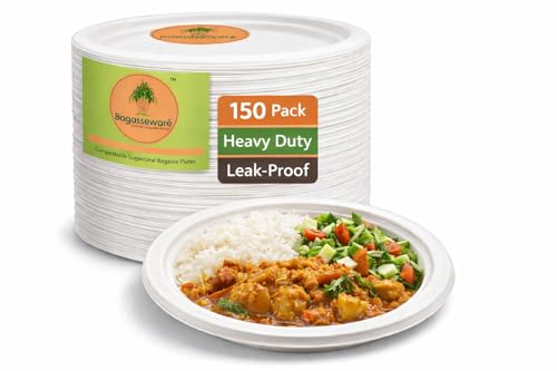 BAGASSEWARE 7-Inch Eco Plates | 150 Count Durable Disposable Tableware | Biodegradable Sugarcane Bagasse | Microwave & Freezer Friendly | Leak-Resistant Compostable Party Supplies