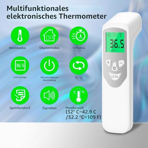 BESTEK Fieberthermometer Kontaktlos Stirnthermometer, Digitales Infrarot Thermometer für Erwachsene...