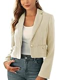 M.Infisavo Women's Tweed Blazer Cropped 2025 Fashion Elegant Notch Lapel Open Front Cardigan Business Casual Office Jacket Pockets Khaki XL