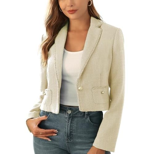 M.Infisavo Women’s Cropped Tweed Jacket Blazer with Pockets Long Sleeve Open Front Notch Lapel Cardigan Elegant for Casual Khaki X-Large
