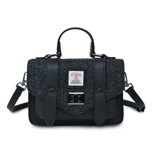 Islander Harris Tweed Mini Satchel, Handtasche für Damen, Klappe und Mikrofaser-Leder, Schwarzes Fischgrätenmuster, Mini