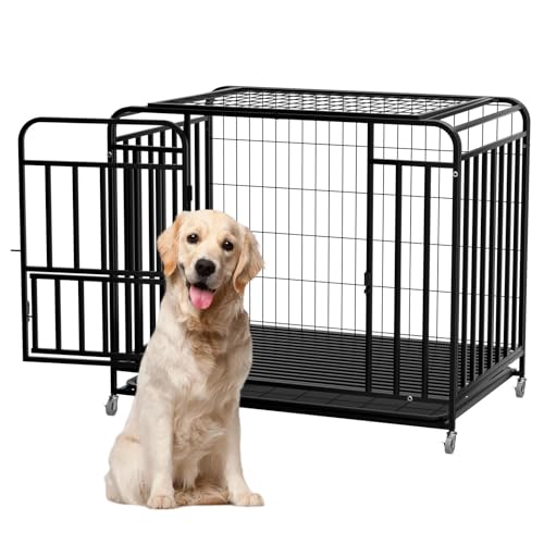 37" L X 33" H Dog Crate, Double Lock Heavy Duty Dog Crate, Dog Cage with Removable Tray, Dogs Crate Furniture with 360° Lockable Wheels, Escape Proof Dog Kennel, for All Dogs
