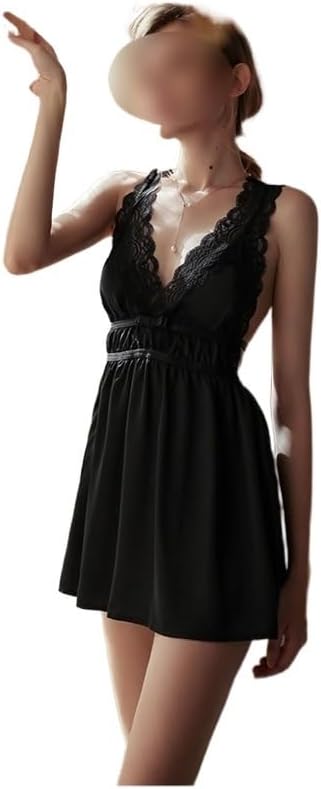 Women's Sexy Lace Pajamas Backless Sleep Lounge Nightgown Spaghetti Strap Black Sleepshirts