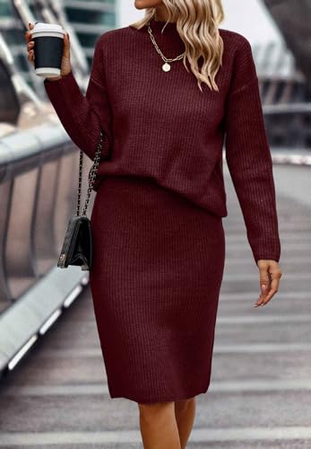Image of Women 2 Piece Knit Sweater Skirt Set Midi Sweater Dress Long Sleeve Pullover Bodycon Knitted Skirt Set Outfit