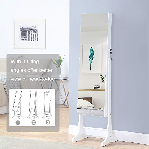 GISSAR Jewelry Organizer Full Length Mirror Jewelry Cabinet Standing / Wall Mounted Jewelry Armoire Storage With Lights Lockable White - Thumbnail 2