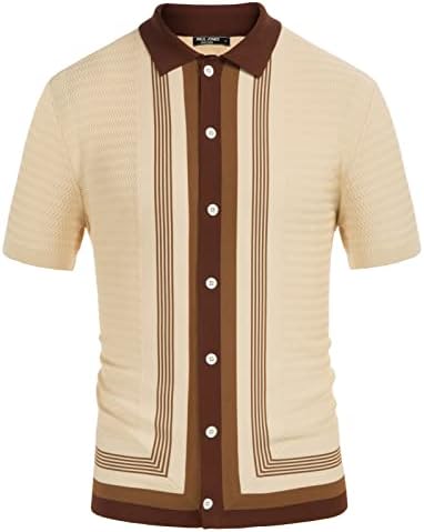 PJ Paul Jones Mens Lapel Collar Retro Striped Polo Shirts Shorts Sleeve Knit 70s Style Shirts Beige L