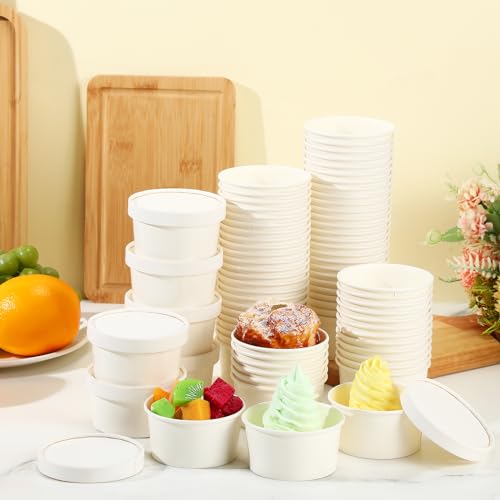 Image of Fulmoon 4 oz 100 Pack Paper Containers with Lids Soup Bowl Cup, White | Disposable Ice Cream Cup, Kraft Food Containers with Vented Lid Stackable for Hot Soup Dessert Cake Fruit Microwave Takeout