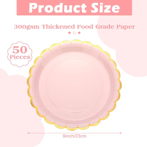 Maxcheck 50 Pcs Pink Scalloped Paper Plates with Gold Foil 9 Inches Disposable Paper Party Plates for Cake Dessert Birthday Baby Shower Wedding Tea Party Supplies - Thumbnail 2