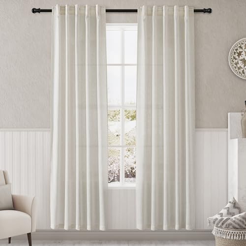 Image of Cream Linen Curtains 84 inches Long for Bedroom Back Tab Light Filtering Privacy Sheer Curtains Modern Farmhouse Decor for Living Room Dinning Room Cotton Textured Gauze Curtain 2 Panel Set 36x84
