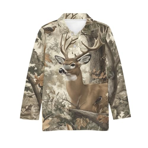 HUIACONG Deer Boys Golf Shirts for Preschool Kids Long Sleeve Shirts,Forest Camo Sweatshirts for 9-10 Years Children Cool Undershirts Girls Tops for Daily