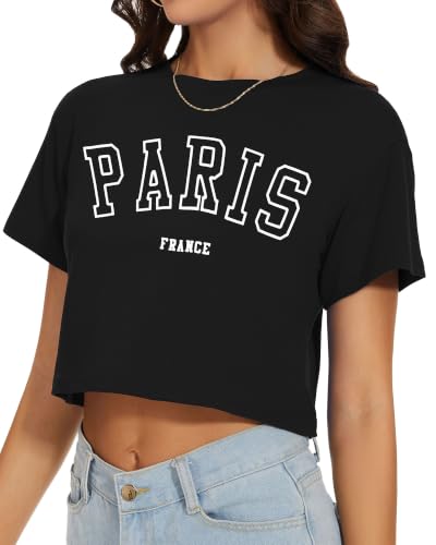Image of Womens Crop Tops Summer Short Sleeve Round Neck T-Shirts Loose Fit Blouse