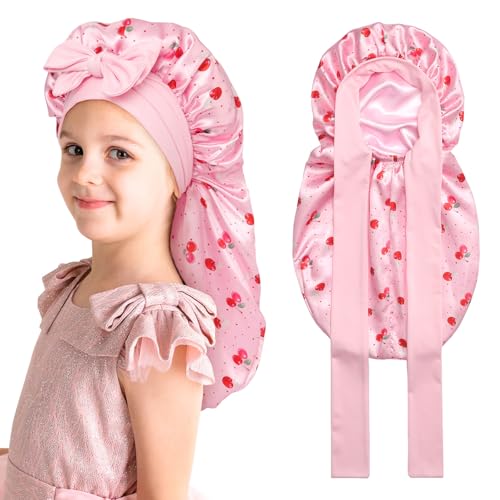 Kids Long Hair Bonnet for Sleeping - Double Layer Girls Elastic Satin Bonnet with Tie Band for Braid Curly Hair (Pink Cherries)
