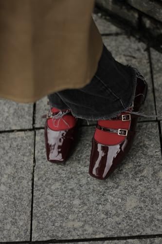 richealnini Mary Jane Shoes Women Low Block Heel Square Toe Flats Patent Leather Pumps Wedding Dress3