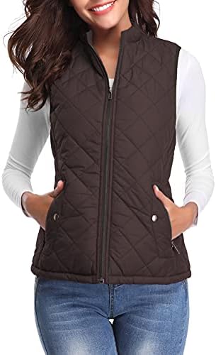 Fuinloth Women's Quilted Vest, Stand Collar Lightweight Zip Padded Gilet Chocolate L