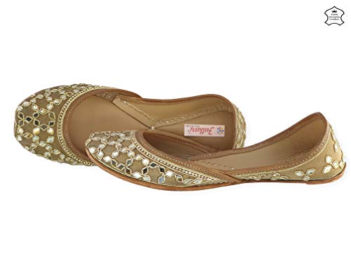 Image of Fulkari Women's Mirror Genuine Soft Leather Juttis | Bite and Pinch Free Jutis | Ladies Punjabi Jutti | Wedding Flat Stylish Mojari | Phulkari Ethnic Flats For Girls |