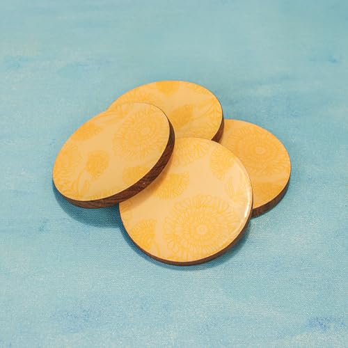 Image of Ireka Home Golden Bloom Coaster Set | Pack of 4 | Acacia Wood with Yellow Floral Enamel, Coffee Table Decor, Modern Cup Coaster for Kitchen, Coffee Cups, Mugs & Glasses