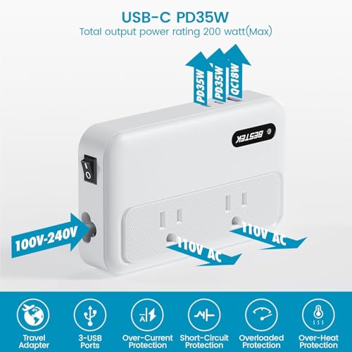 BESTEK 220v to 110v Converter with USB C 35w, 300W AC Peak Voltage Converter US to Europe, Step Down Converter for Hair Straightener/Curling Iron with EU UK FR DE ES AU Travel Adapter (White)
