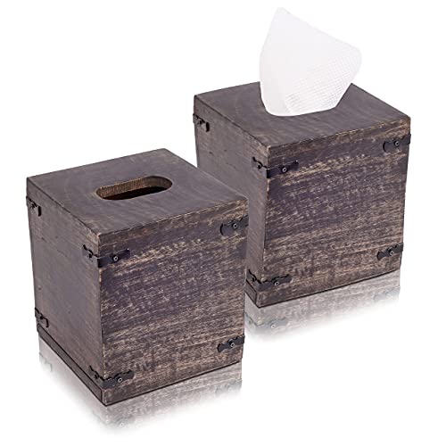 Luxe Designs Rustic Wood Tissue Box Cover with Slide-Out Bottom Panel - Decorative Mango Wood Tissue Box Holder for Bathroom, Car, or Office Desk - 5.7 x 5.7 x 6.5 Inches, Dark Burnt (Set of 2)