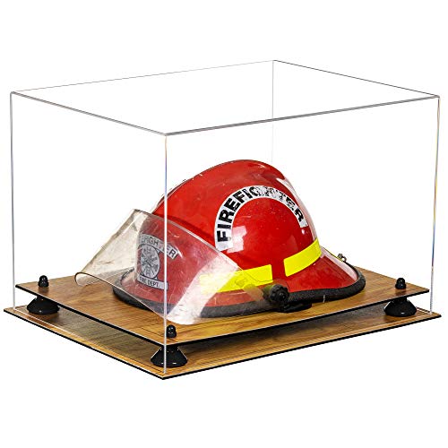 Better Display Cases Acrylic Fireman's Helmet Display Case - Large Rectangle Box with Clear Case, Black Risers and Wood Base 18