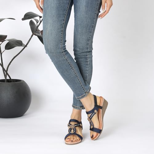 Image of Wedge Sandals for Women Dressy, Woman's Sandal Comfortable Low Wedges Heels Ankle Elastic Strap Sandles with Flower Rhinestones