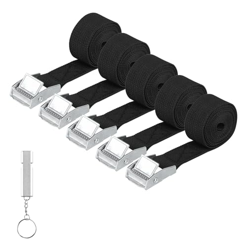 5 Piezas Correa de Amarre, 25 mm x 1,5 M Cinchas de Amarre con Correas Tensoras, Correas de Sujeción de Correas Tensoras con Hebilla para Bicicleta Moto Coche Equipaje Camping, con Silbato