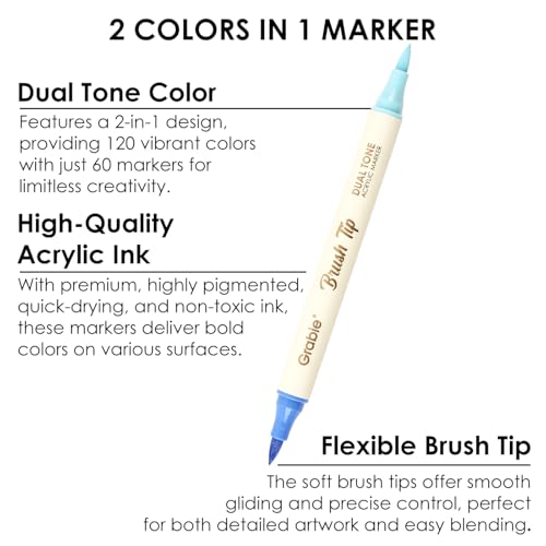 Image of Grabie 72 Colors Acrylic Paint Markers, 36 Pack Dual Tip Soft Brush Acrylic Markers, Water-Based Paint Pens for Paper, Rock Painting, Wood, Canvas, Glass, Fabric, DIY Craft Art Supplies for All Ages