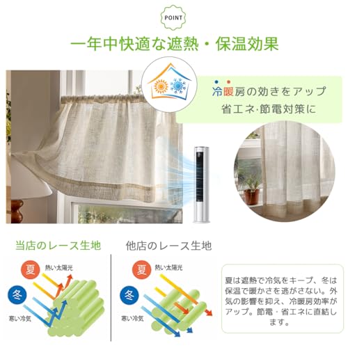 YKFN カフェカーテン レース リネン風 カフェカーテン 160cm丈 幅90cm 小窓用 麻風 透けない 外から見えにくい 目隠し 半遮光 断熱 UVカット 遮像 通気 おしゃれ 洗える キッチン トイレ 子供部屋 玄関 亜麻色 [5]