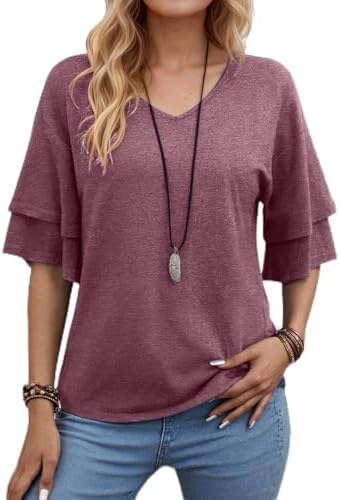 Túnica feminina gola V com babados e manga sino, para primavera, ...